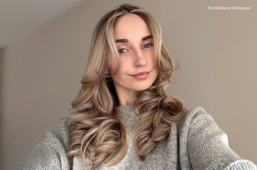 Influencer Jolina Balayage Curtain Bangs Selfie, Hintergrund KI modifiziert