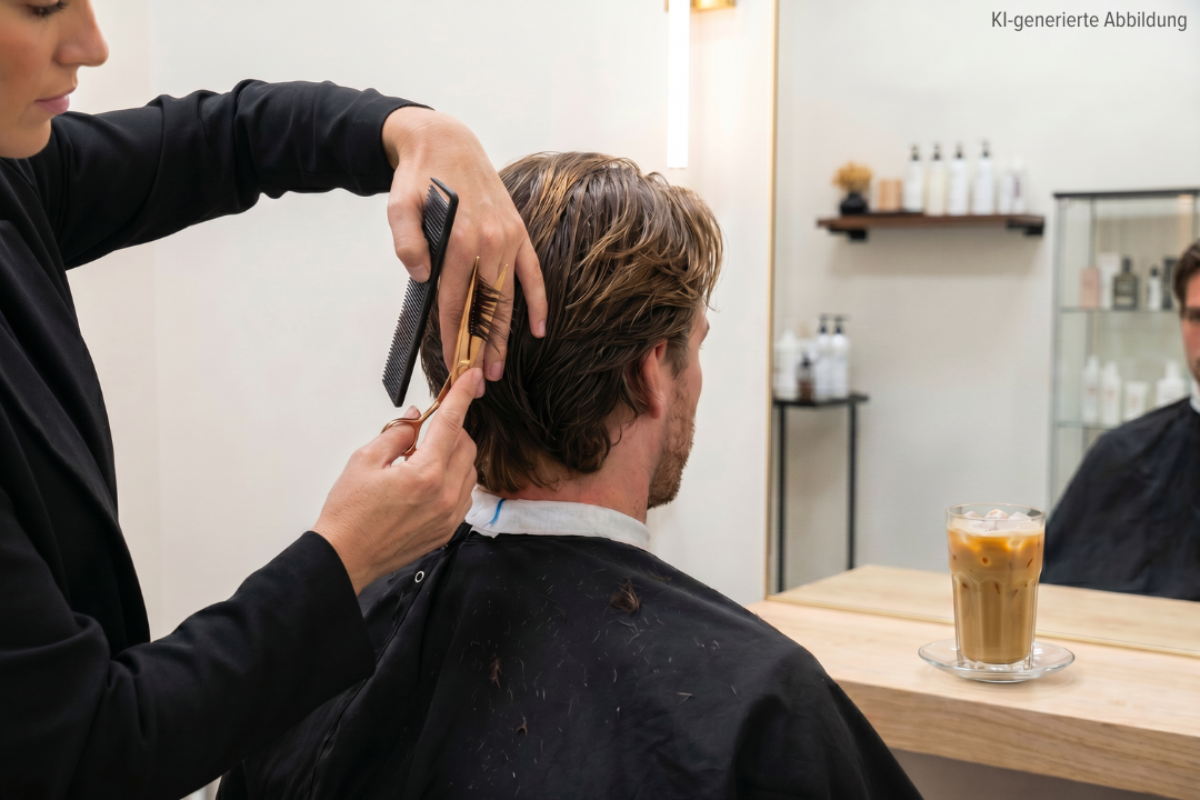 KI generiertes Bild. Mann Friseurbesuch