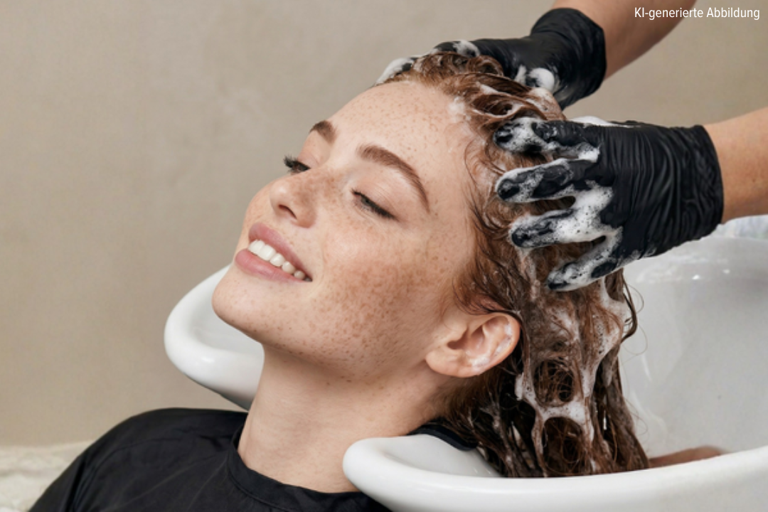 Frau am Friseur Waschbecken. Haare shampooniert. KI-generierte Abbildung