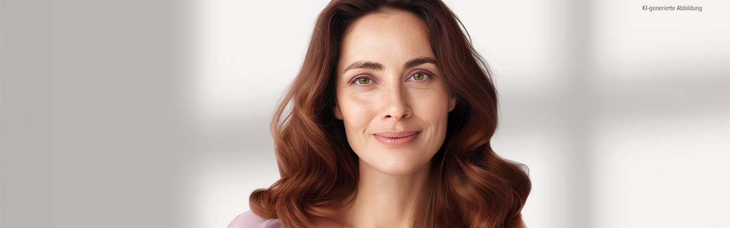 Frau mittleren Alters mit kupferbraune Haare, Soft Waves, Volumen. KI-generierte Person